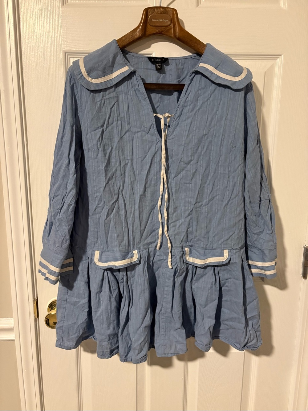 B Darlin Light Blue Sailor-Inspired Tie-Front Jacket with White Trim